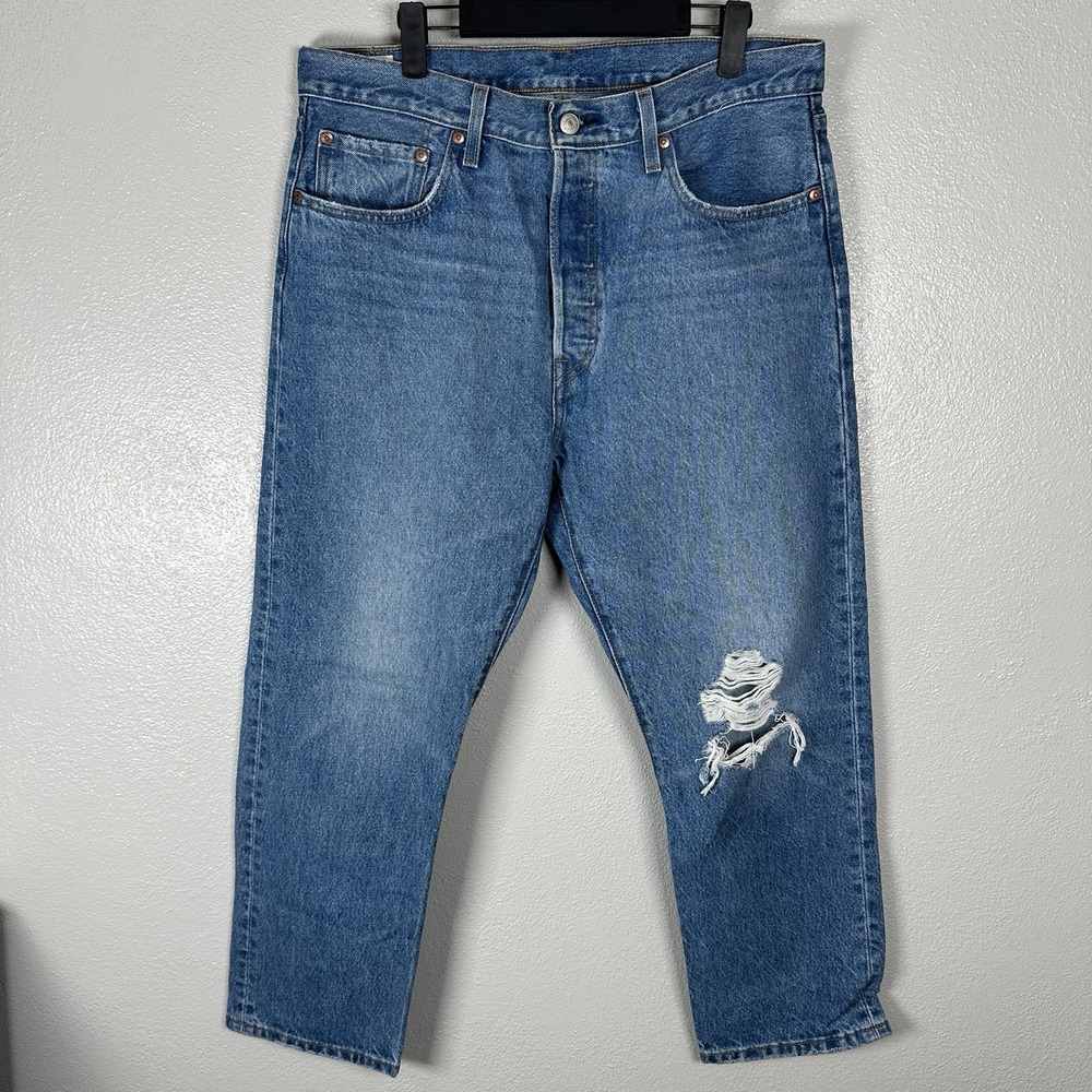 Levis 501 Premium Jeans Womens 32X26 Medium Wash Blue Button Fly Distressed